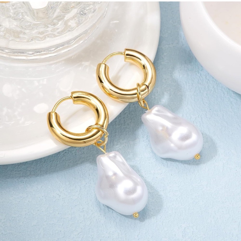Gold Hoop Earrings with Irregular Pearl Drop 
Chic Statement Jewelry - Picture 8 of 13